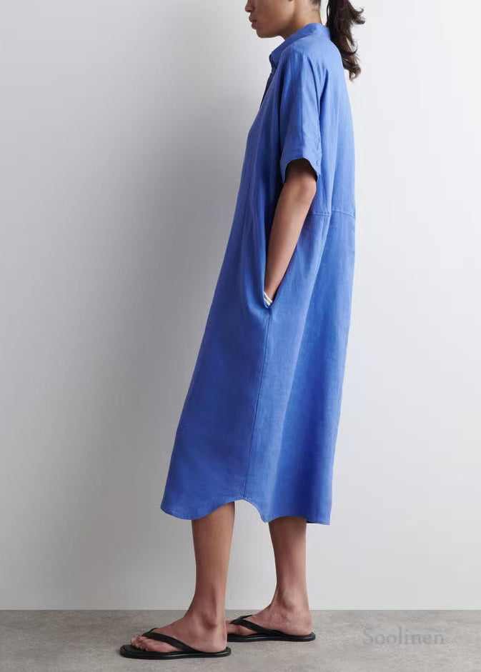 Blue Peter Pan Collar Linen Straight Dresses Summer