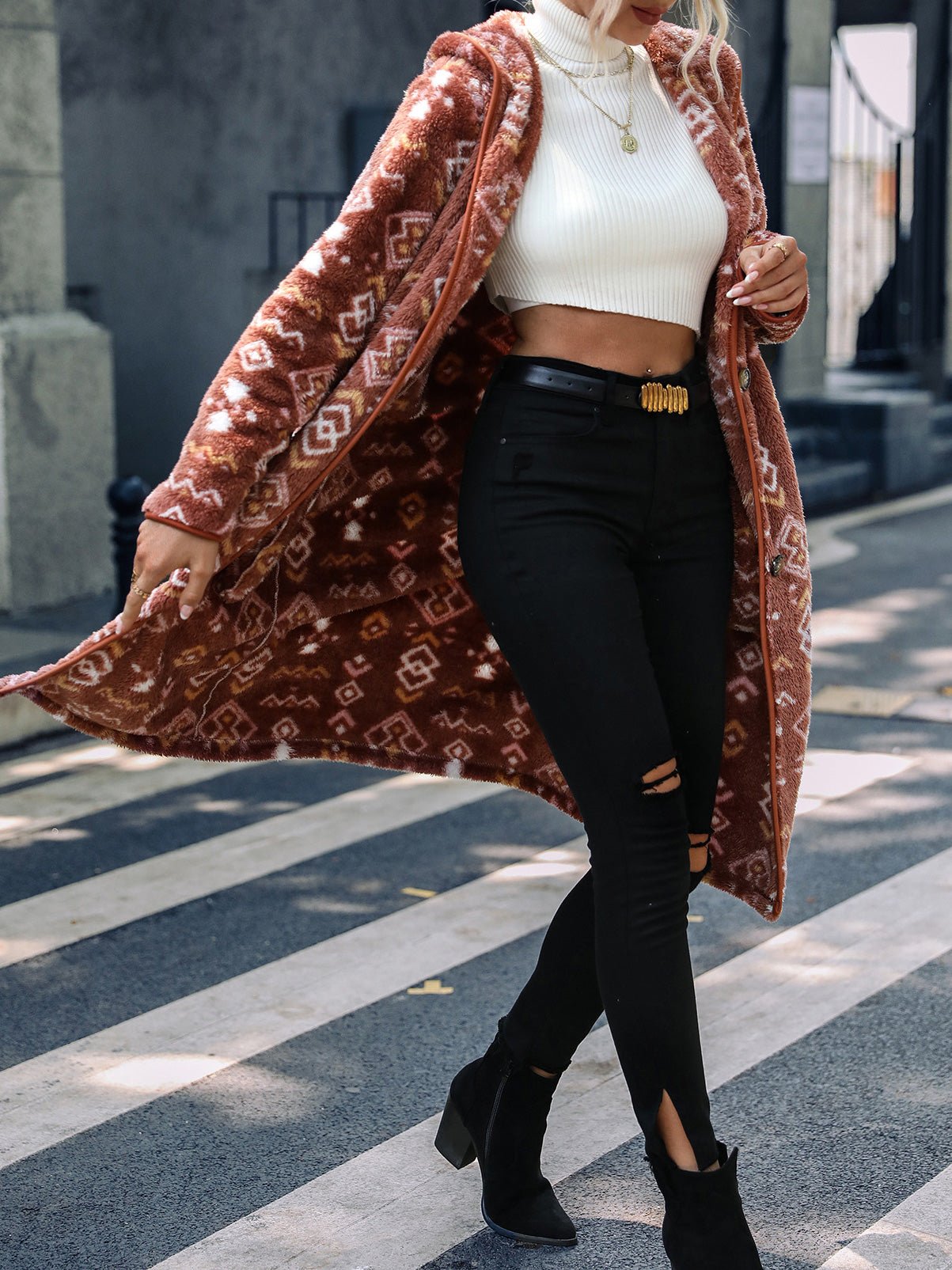 Coats Geometric Print Single Breasted Hood Plush Coats