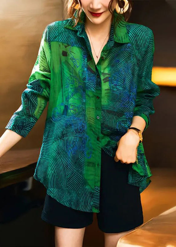 Green Peter Pan Collar Print Patchwork Cotton Shirts Long Sleeve