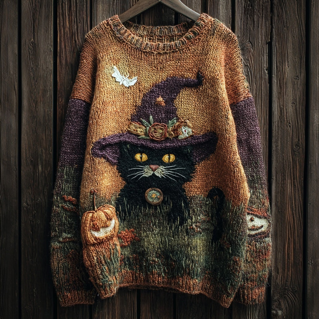 Halloween Witch Black Cat Vintage Cozy Knit Sweater artswardrobe