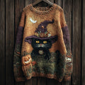 Comstylish Halloween Witch Black Cat Vintage Cozy Knit Sweater