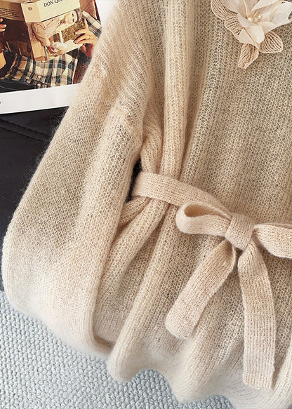 Fitted Khaki Tie Waist Decorated Knit Sweater Tops Fall