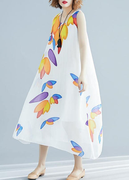 Art O Neck False Two Pieces Chiffon Dresses White Print Dresses Summer