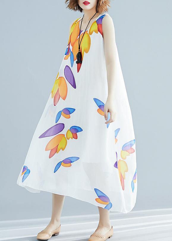 Art O Neck False Two Pieces Chiffon Dresses White Print Dresses Summer