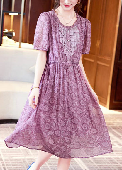 Purple Print Ruffled Patchwork Chiffon Long Dresses Summer