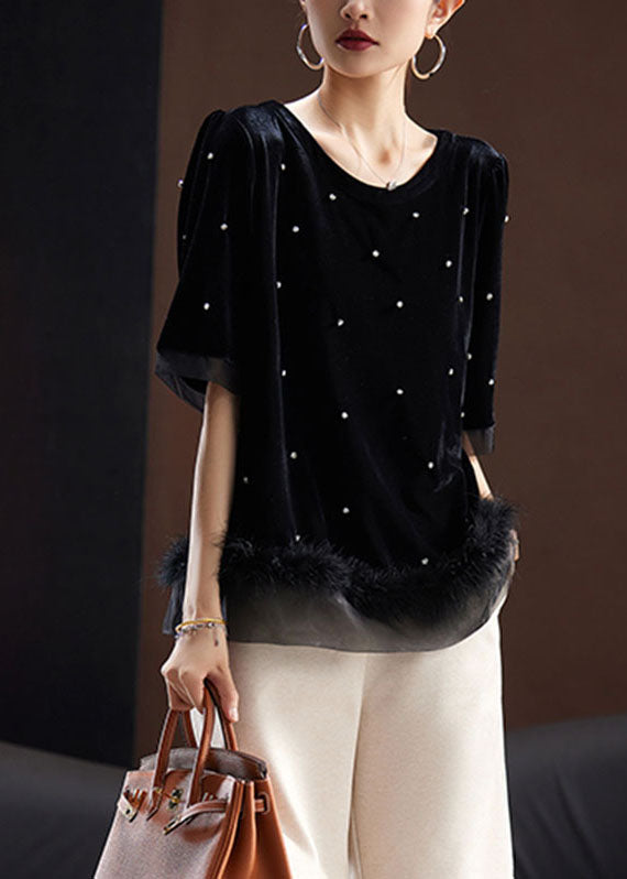 Black O-neck Zircon Tassel Patchwork Fluffy Silk Velour Top Summer