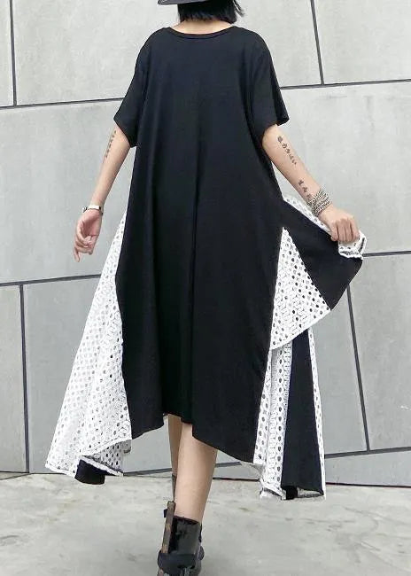 French Asymmetric O Neck Cotton Clothes Pattern Black Cotton Robes Dresses