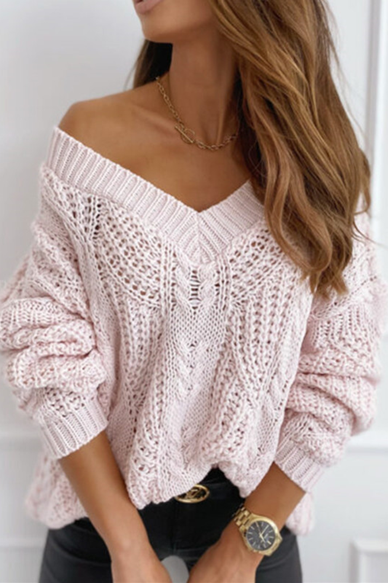 Plain V-neck Hollow Out Sweater