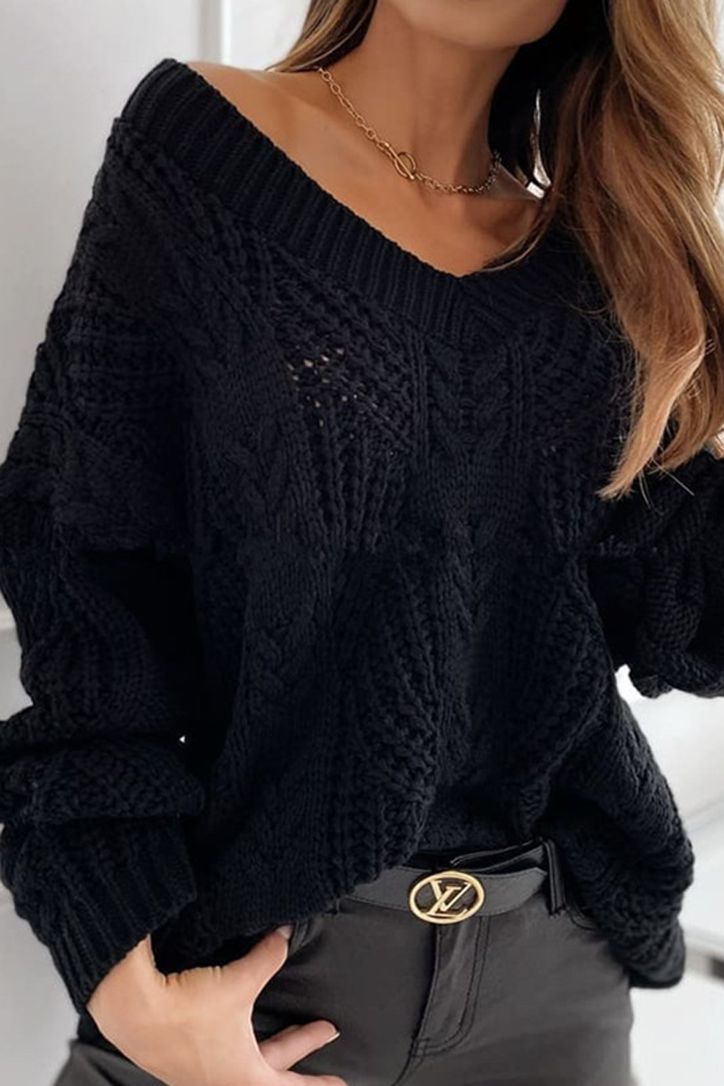 Plain V-neck Hollow Out Sweater