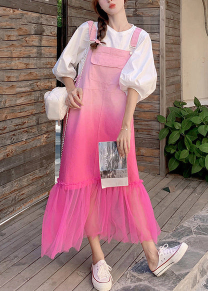 Gradient Color Pockets Tulle Patchwork Denim Strap Dress Sleeveless