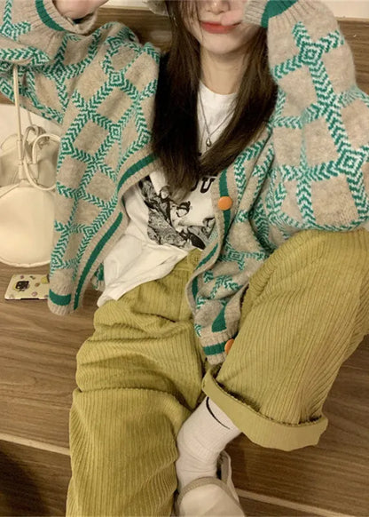Boutique Green O Neck Plaid Button Knit Coat Fall