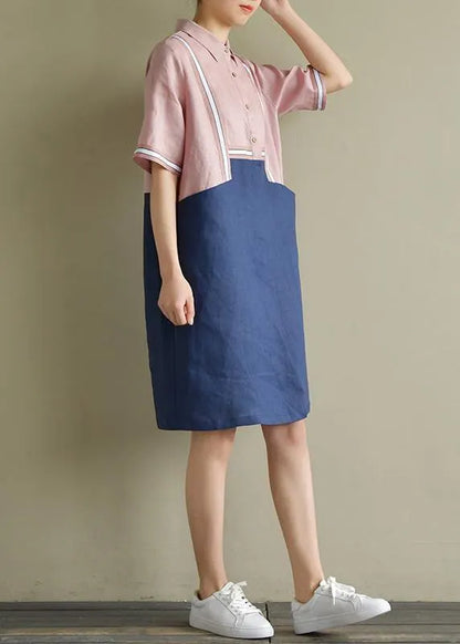 Pink Patchwork Blue Linen Robes Lapel Shift Summer Dress