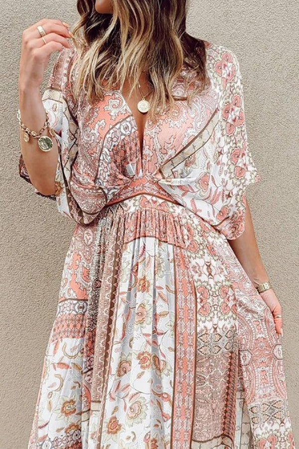 Print Bat Slit Maxi Dress