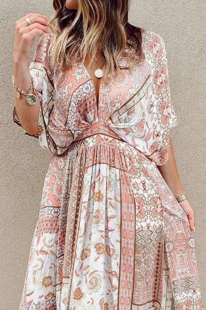 Print Bat Slit Maxi Dress
