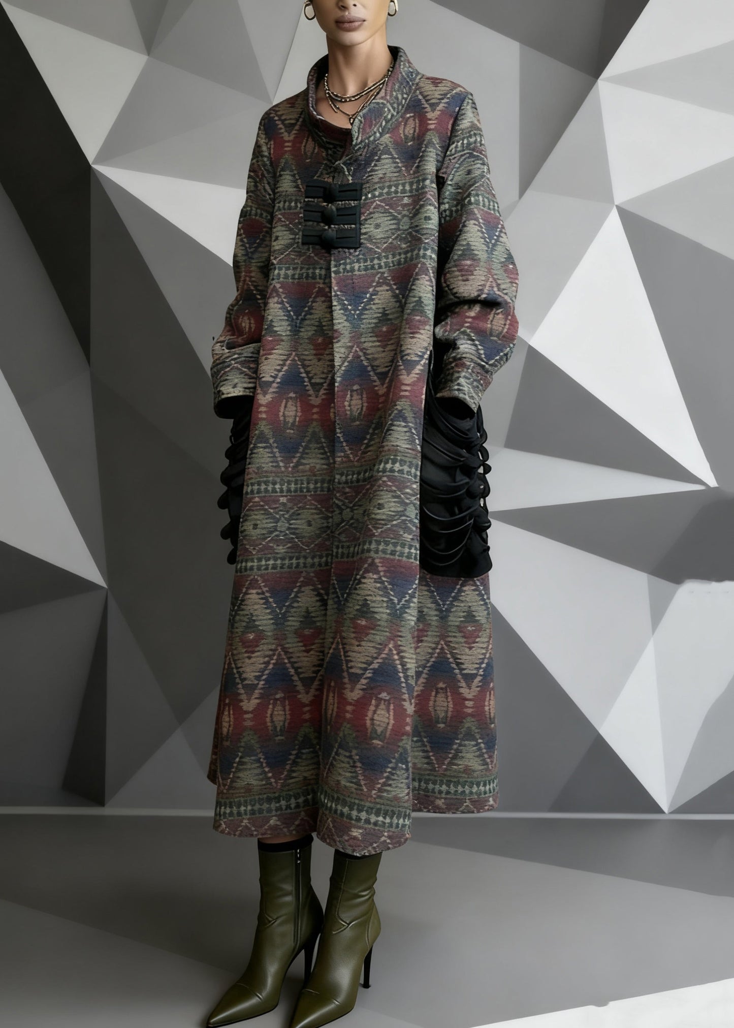 Print Pockets Patchwork Woolen Long Coat Spring