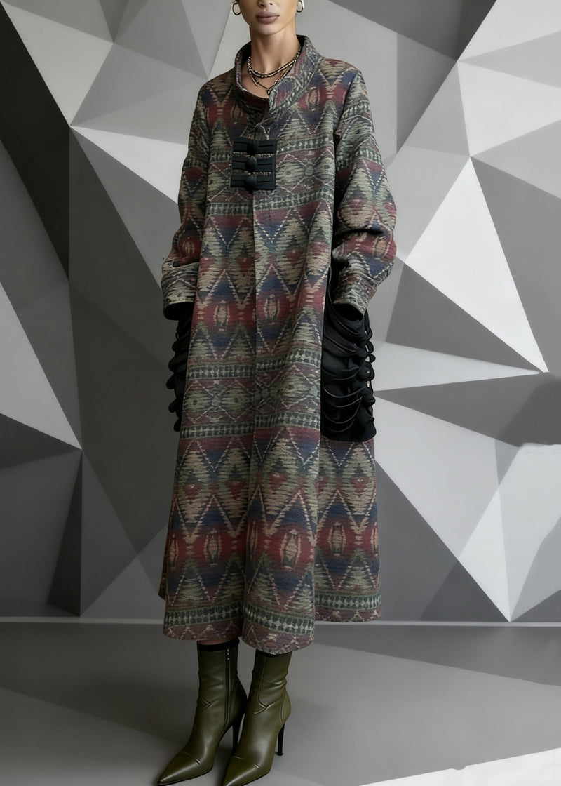 Print Pockets Patchwork Woolen Long Coat Spring
