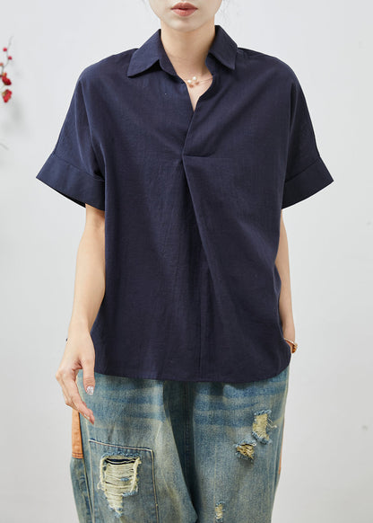 Navy Peter Pan Collar Wrinkled Cotton Blouses Summer