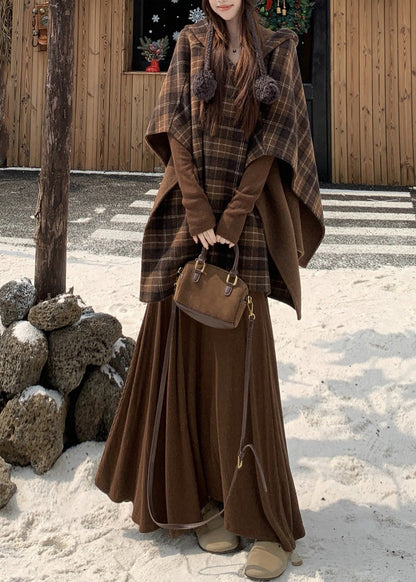 Plaid Wear on Both Sides Coats and Long Dress Two Pieces Set Cloak Sleeve