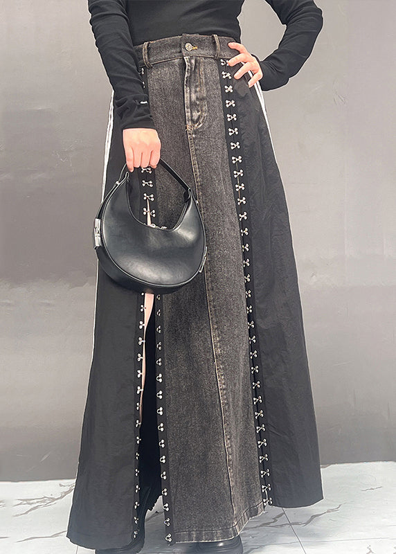 Dark Grey Patchwork Side Open Denim Skirts Fall
