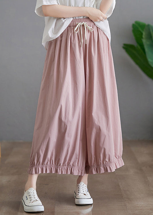 Pink Ruffled Pockets Elastic Waist Cotton Pants Skirt Fall