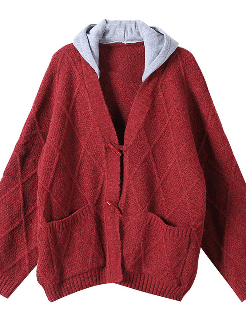- Hooded Knitted Pocket Patchwork Sweater Coat