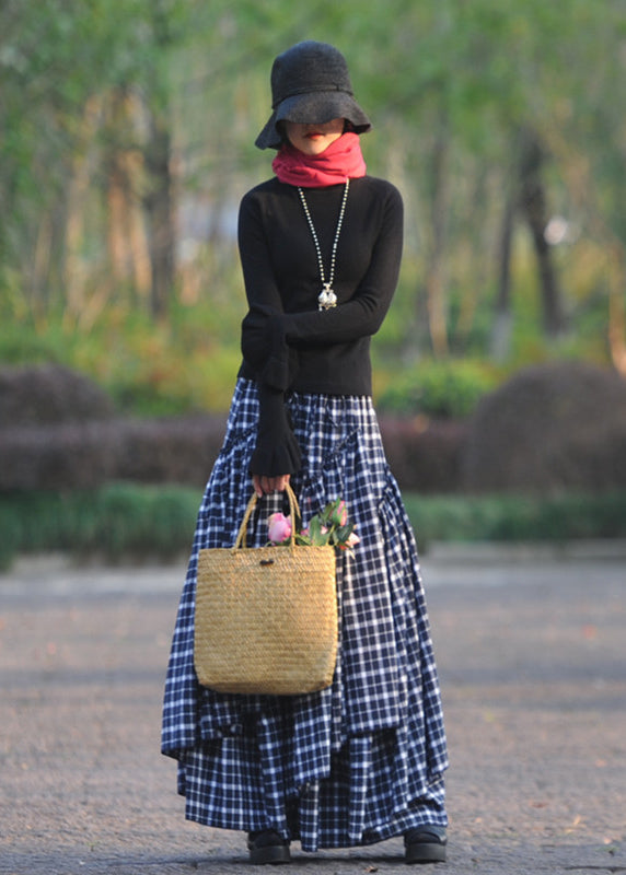 Navy Wrinkled Asymmetrical Plaid Cotton Skirts Spring