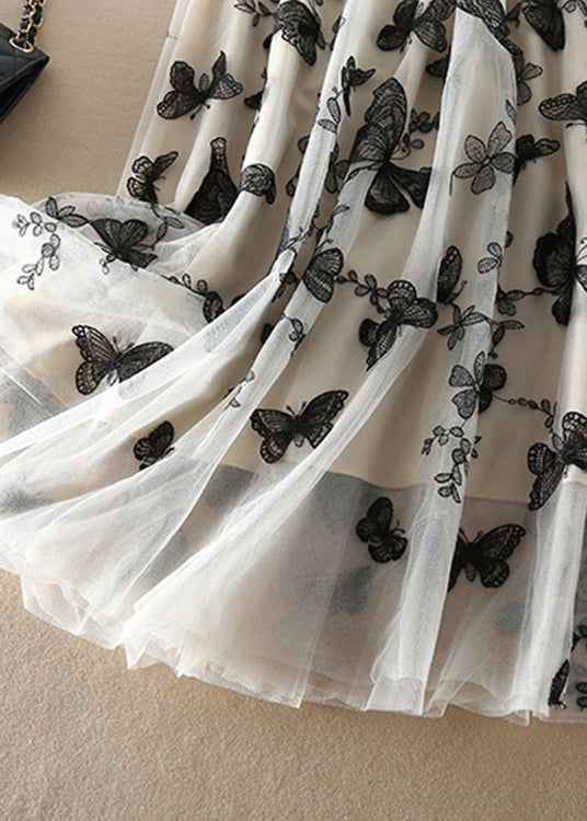 Beige Embroideried Butterfly Tulle Skirts Spring