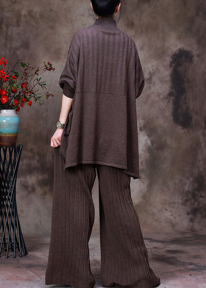 Dark Coffee Colour Asymmetrical Knit Sweaters and Pants Two Piece Set Fall