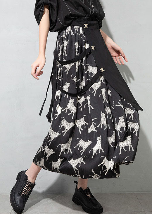 Art Black Asymmetrical Print Patchwork Skirts Spring