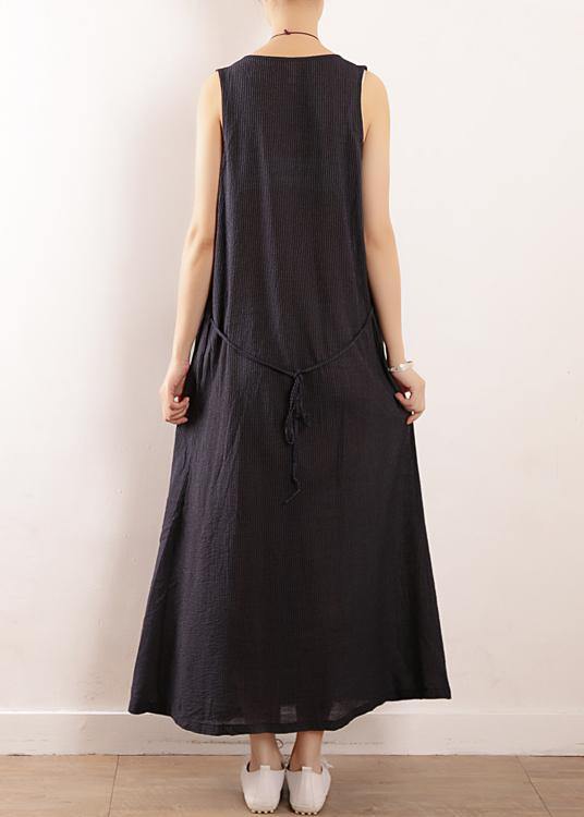 Dark Blue Linen Cotton Robes Fine Sewing Sleeveless Drawstring Maxi Summer Dresses