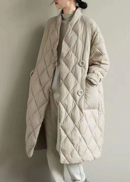 Apricot V Neck Pockets Fine Cotton Filled Puffers Jackets Winter
