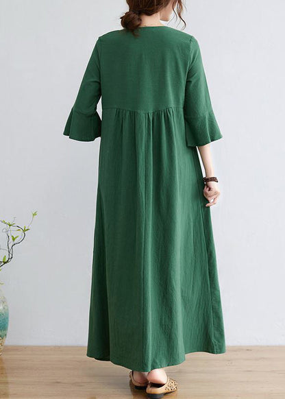 Green Cotton Long Dress Embroidered Exra Large Hem Flare Sleeve