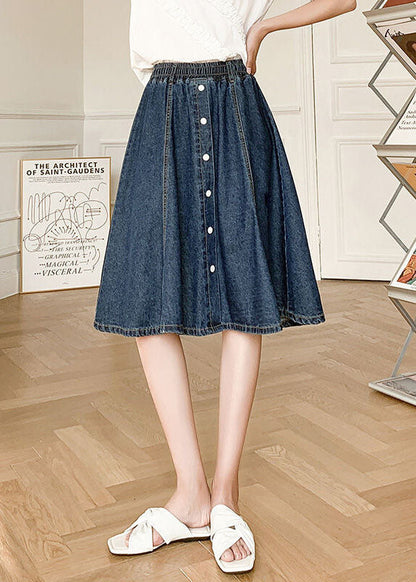 Natural Navy Elastic Waist Button Cotton Denim Skirts Cozy