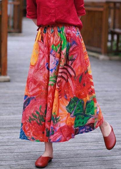 Red Pockets Elastic Waist Cotton Skirt Spring