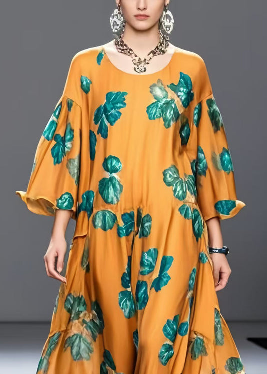 Classy Orange Oversized Print Chiffon Ankle Dress Spring