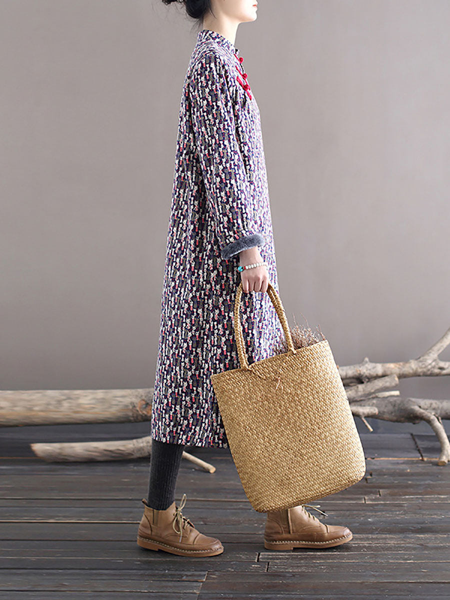 Winter Chinese Print Frog Thick Long Dress