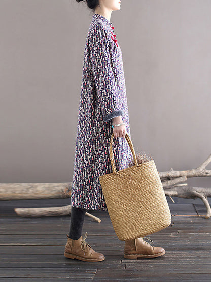 Winter Chinese Print Frog Thick Long Dress
