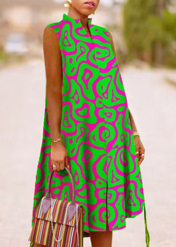 Green Stand Collar Summer Print Maxi Dresses Summer