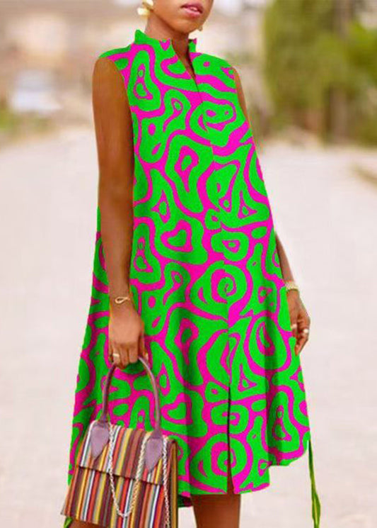 Green Stand Collar Summer Print Maxi Dresses Summer