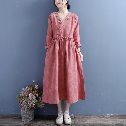 Autumn Cotton Linen Embroidery Retro Dress