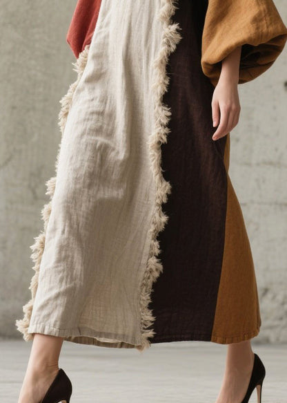 White Patchwork Faux Fur Long Dresses Asymmetrical Lantern Sleeve