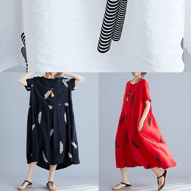 Black Prints Cotton Linen Robes Loose Waist Clothing Summer Dresses