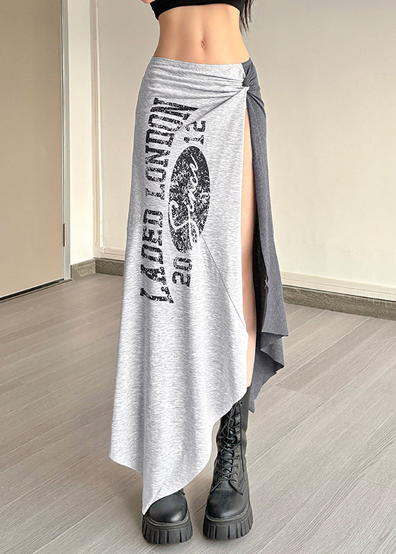 Grey Asymmetrical Graphic Wrinkled Tassel Maxi Skirts Summer