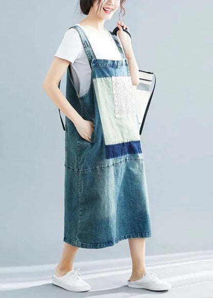 French Denim Blue Cotton Quilting Dresses Sleeveless Cotton Robes Summer Dress