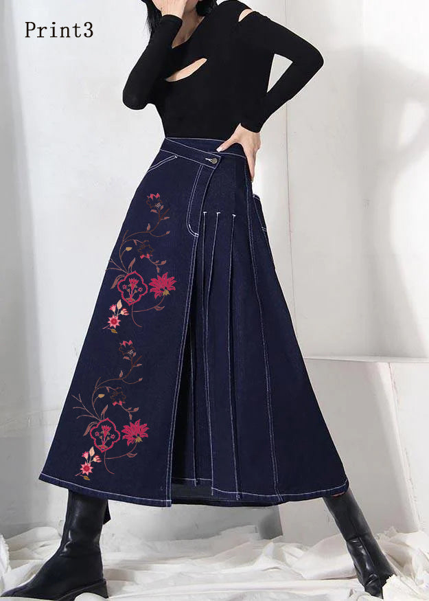 Denim Blue-print1 Zippered Asymmetrical Design Summer Skirt