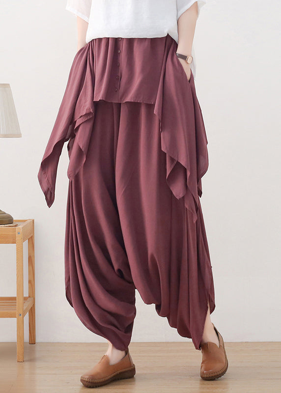 Red Asymmetrical Button Cotton Wide Leg Pants Skirt Fall