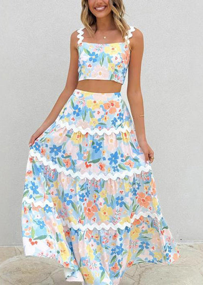 Modern Rainbow Patchwork Vest and Maxi Skirts Two Pieces Set Sleeveless