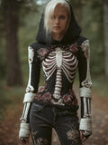Comstylish Women Halloween Skeleton Rose Gothic Vintage Making Old Bandage Hooded Sweater