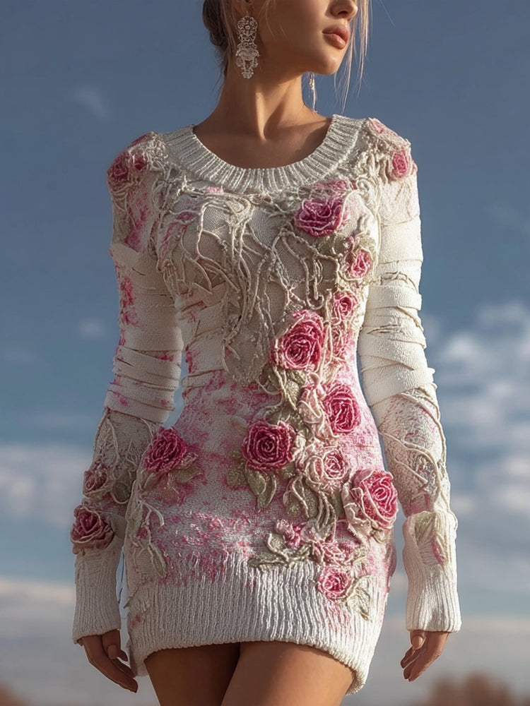 Vintage Boho Roses Fiber Art Cozy Knit Sweater Mini Dress elevenforest