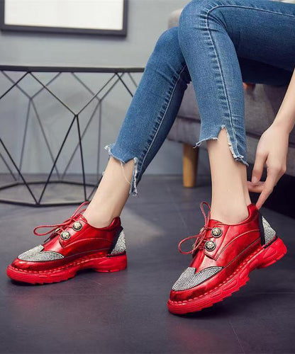 Red Faux Leather Zircon Lace Up Splicing Flat Feet Shoes